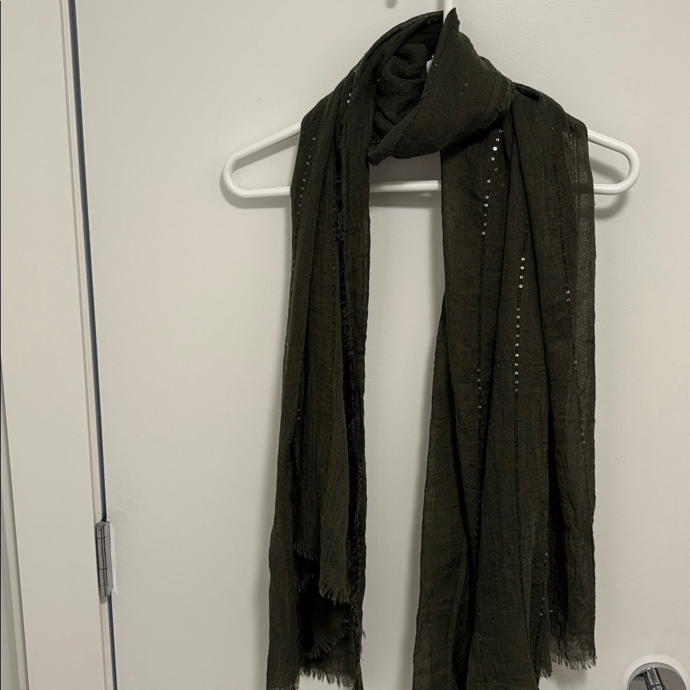 Olive linen  green scarf with sequins